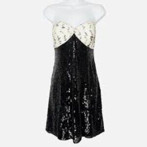 Strapless Jovani Black Sequin Cocktail Dress With Polka Dot White Bustier Top Si
